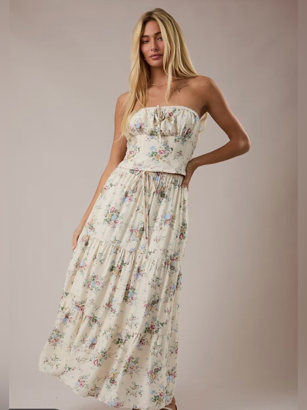 NWT Le Lis Cream Floral Midi Skirt Boho Cottagecore Maxi Skirt